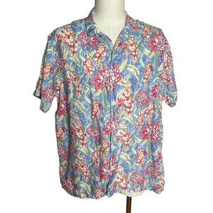 Cremieux Button Up Linen Hawaiian Shirt XL Blue Floral Linen Short Sleeve Pocket